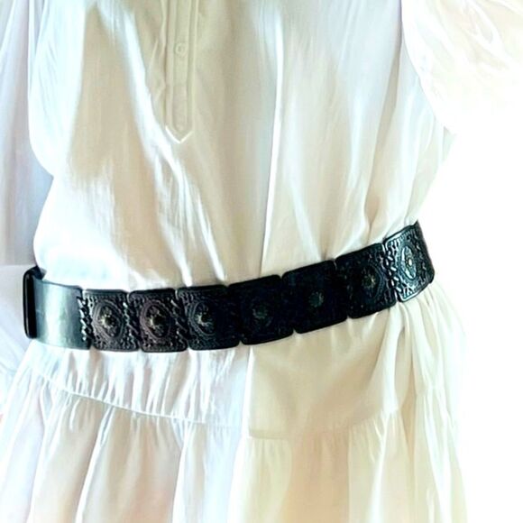 Vtg New Ralph Lauren wide leather belt Tooled Braid Brass buckle Boho Western L - Picture 4 of 16